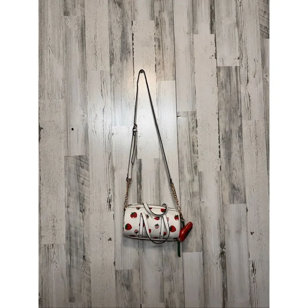 Juicy Couture Strawberry Print Barrel Purse with Coin Pouch | White Pink Red Cro